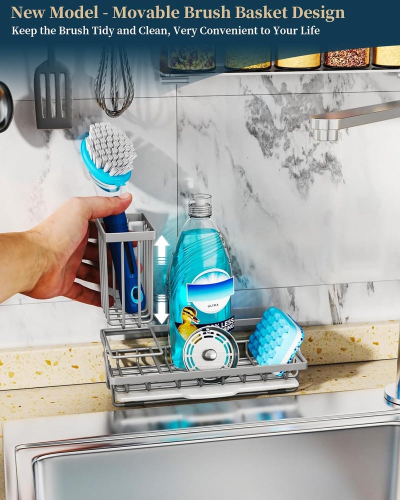 Consumest Sponge Holder for Kitchen Sink - Kitchen Sink Caddy Organizer with Removable Drip Tray for Countertop Dish Soap Dispenser Brush Storage Accessories 304 Stainless Steel, Grey - Image 2